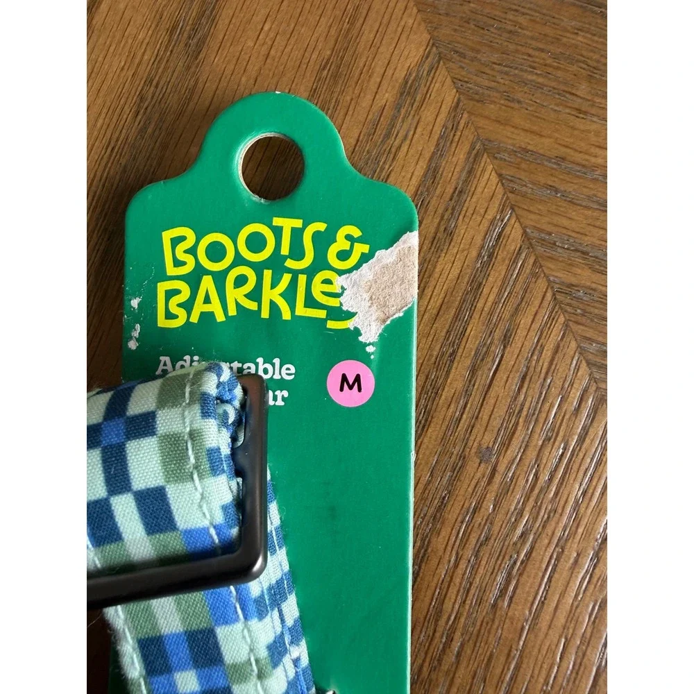 Boots & Barkley Dog Collar Medium Green Blue Checkered & LED Night Walk Light